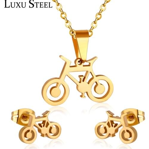 LUXUSTEEL jewelry set woman Stainless Steel Bicycle Pendant Necklace Earring brincos Gold Color Collars Choker Accessories Party