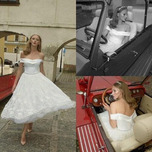 2020 Lace Short Wedding Dresses Off Shoulder Appliques Beads Tea Length Bridal Gowns Plus Size Fashion Wedding Dress Cheap