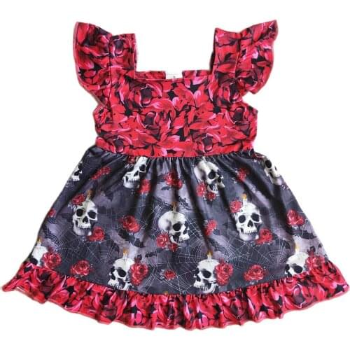 Summer Autumn Girls Clothes Halloween Red Rose And Skulls Print Small Flying Sleeves Dress Kids Clothing