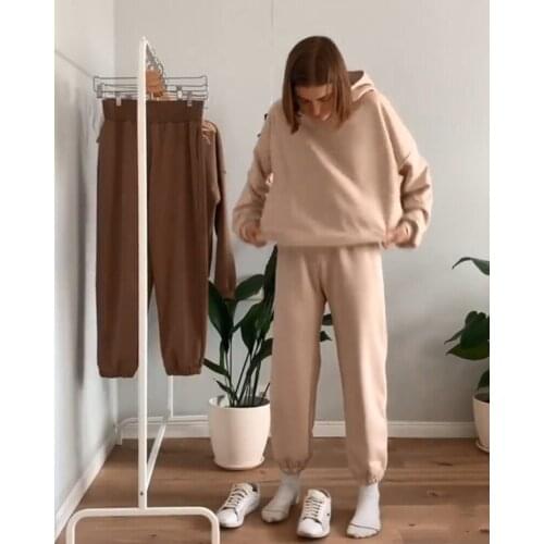 Donsignet Fashion Womens Suit Knitted Casual Hooded Collar Pullover Solid Color Long Trousers Sports Two-piece Suit Women