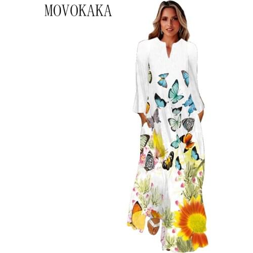 MOVOKAKA 3D Flowers Butterfly Print White Dress 2021 Long Sleeve Breathable Autumn Casual Dresses Woman Elegant Girls Long Dress