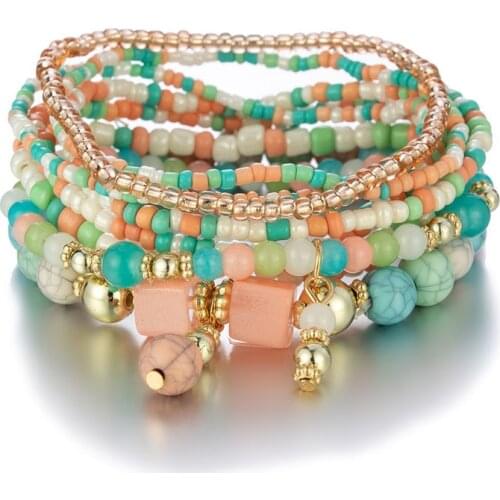 Multilayer Elastic Bracelet Set for Women Bohemian Jewelry Beads Turquoise Charm Wrap Bracelet Bangles Femme Gift AM3074
