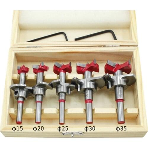 5pcs Forstner Auger Drill Bit Set Dia 15 20 25 30 35mm Wood Cutter Hex Wrench Woodworking Hole Saw For Power Tools Wooden Box