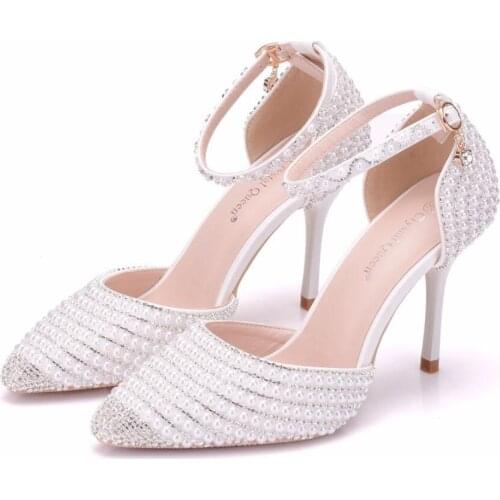 New Rhinestone Pearl Bridal Shoes 9cm Stiletto Pointed High Heels Wedding Banquet Stage Performance Shoes Women Sandals
