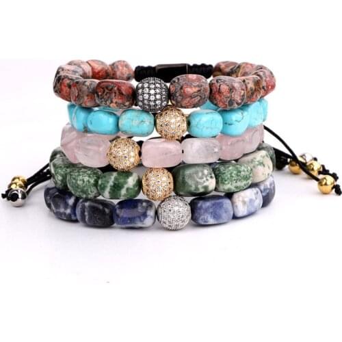 New Arrival Natural Stone Barrel Shaped CZ Pave Ball Beads Rope Macrame Bracelet Women Jewelry