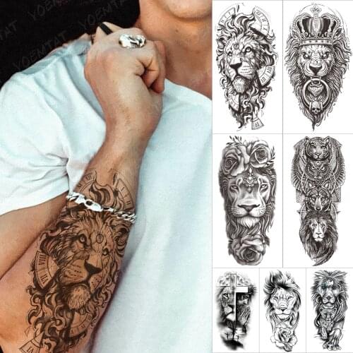Waterproof Temporary Tattoo Sticker Realistic Clock Lion Tattoos Crown Jewelry Animal Body Art Arm Fake Sleeve Tatoo Women