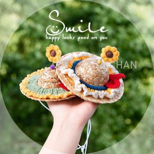 Pet Cat Puppy Photography Props Cosplay Accessories Cute Funny Sun Flower Headdress Small Teddy Sunflower Straw Knitting Hat