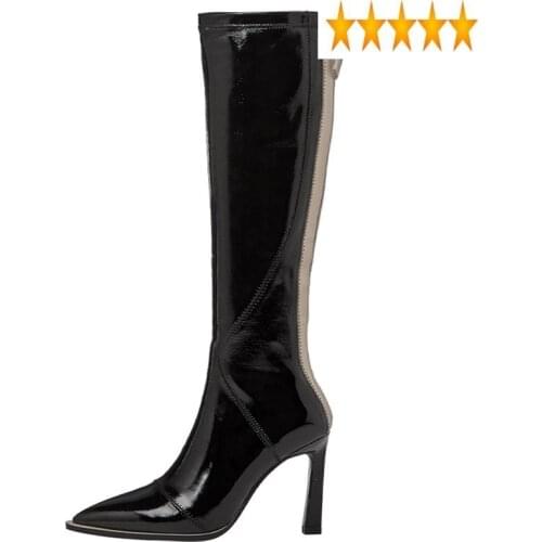 Leather Womens Heel Patent Long Pointed Toe White Thigh High Boots Back Zip Stretch Party Dress Dance Shoes Botas