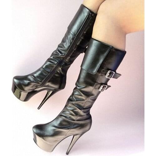 15cm Ultra High Heels Boots Medium-Leg Double Hasp Womens Platform Boots Shoes 6 Inch Sexy Knee High Boots Motorcycle Boots