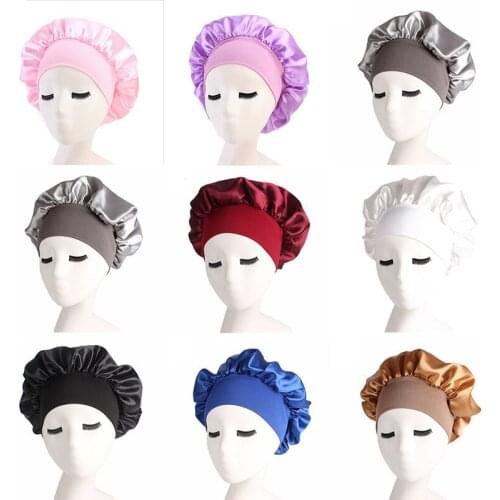 Silk Night Sleep Cap Hair Bonnet Hat Head Cover Satin Wide Adjust Elastic Band Beanies