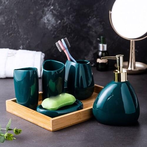 Dark green ceramic bathroom 6/piece household shower gel hand soap shampoo dispenser bottle bathroom soap dish mouthwash cup