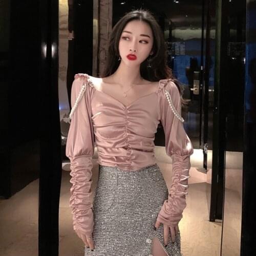 Vintage Style Beading Slim Crop Top Shirts V-neck Ladies Tops Fashion Brand Spring Autumn Women Blouses New Blusas Mujer De Moda