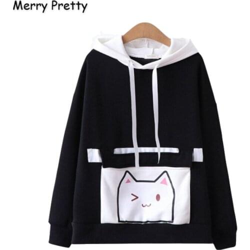 Merry Pretty Women Cartoon Cat Print Hooded Sweatshirts 2020 Winter Long Sleeve Plus Velvet Thick Tracksuits Hoodies Pullovers
