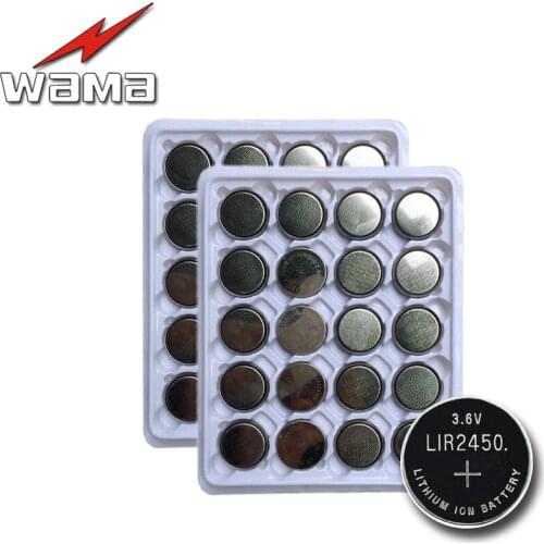 50pcs/lot Wama 3.6V LIR2450 Rechargeable 500 Times Li-ion 120mAh Coin Cell Button Batteries Replace CR2450 LM2450 5029LC