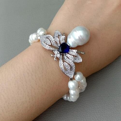 White Cultured freshwater Pearl and White Keshi Pearl Cubic Zirconia micro pave butterfly Bracelet 8" wedding for women