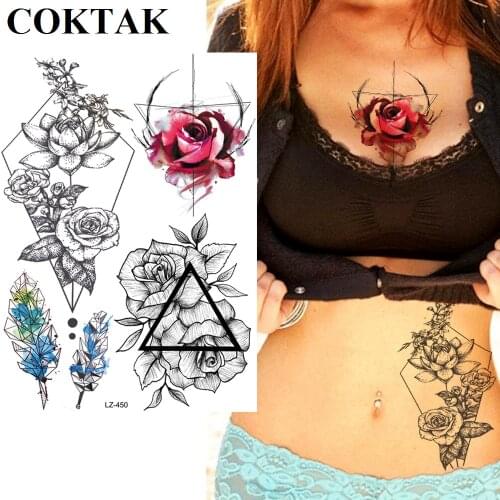 COKTAK Lotus Rose Geometric Women Temporary Tattoos Flower Feather Line Design Tattoo Body Art Summer Style Sexy Fake Tatoos