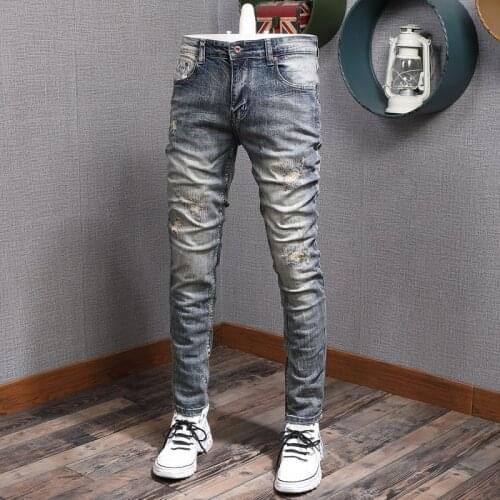 European Vintage Fashion Men Jeans Retro Wash Distressed Elastic Cotton Slim Fit Ripped Jeans Men Designer Denim Pencil Pants