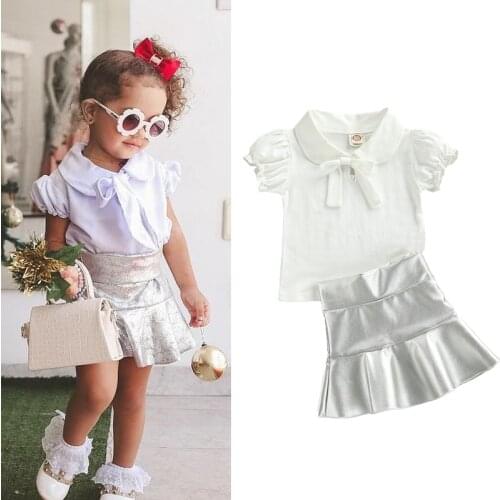 FOCUSNORM Summer Toddler Girls Clothes Sets 0-5Y Solid Bowknot Peter Pan Collar T Shirts PU Leather Ruffles Skirts