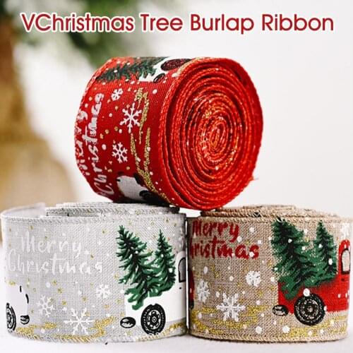 Ribbon Christmas Red Truck Snowing Wired Edged Fine Linen + Satin Cloth Ribbon For Christmas Tree Decoration New Year Navidad