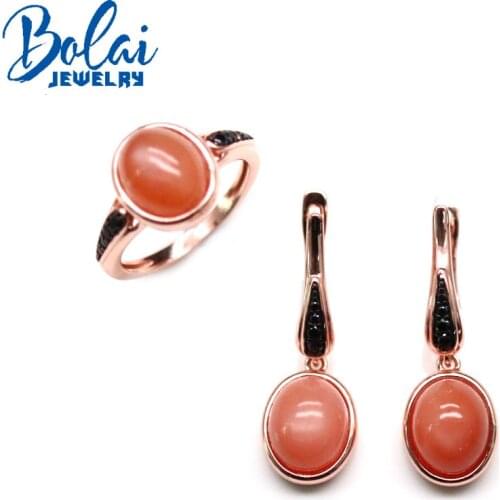 2021 new natural orange moonstone ring and earring set, 925 sterling silver simple design, suitable for anniversary, party wear