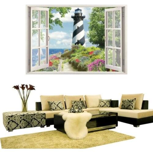 False window landscape Coast Lighthouse 3D wall sticker PVC Material wall decals For Living room bedroom study decor sticker