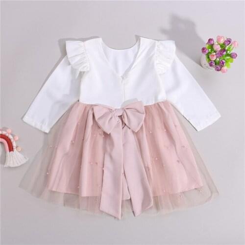 0-8Y Autumn Princess Kids Baby Girls Dress Ruffles Long Sleeve Solid Pearl Lace Back Bowknot Tutu Tulle Dress for Birthday Party
