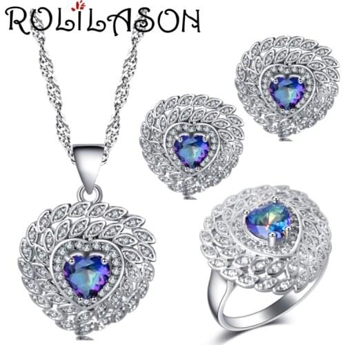 ROLILASON Party gift Heart-shaped design multiclor zircon Earrings Necklace Rings Jewelry Sets USA size #6#7#8#9#10 JS730