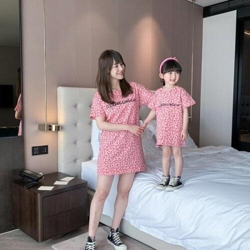 Pink Leopard Print Long T-shirt Dress Mothers Day 2021 Large Size Family Matching Outfits Short-sleeve Tops Baby Clothes Street