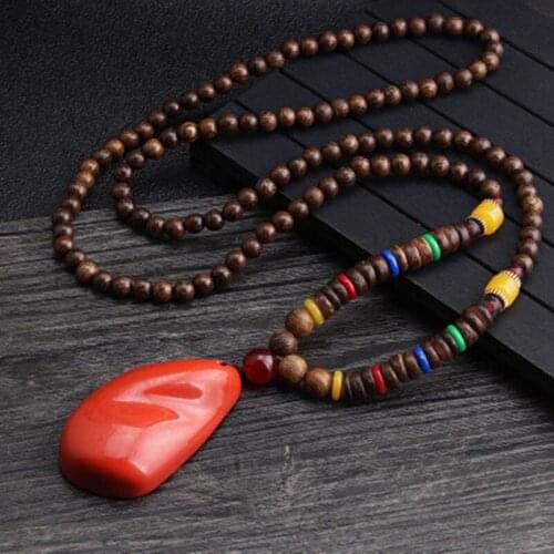 Retro Bodhi Pendant Wood Bead Necklace Long Wooden Sweater Chain Cotton And Linen Pendant For Women Men Jewelry Gift