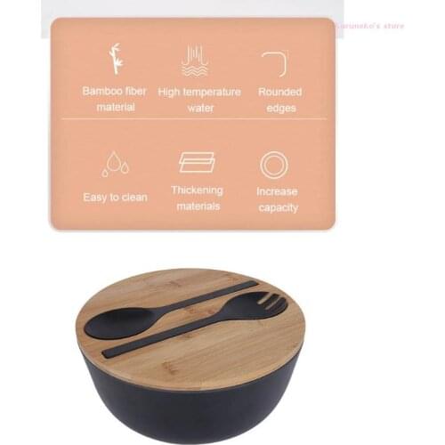 HX6D Bamboo Fiber Salad Bowl with Lid Spoon Fork Set Large Soup Food Mixing Container