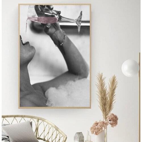 Self-adhesive Wall Stickers Fashion Woman Drinking Rose Champagne In Bubble Bath Wall Art Picture Poster for Bathroom Decor