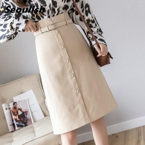 Seoulish 2021 New Spring Summer Work Wear Single Breasted Women Midi Skirts with Belt Korean OL Style High Waist A-Line Skirts
