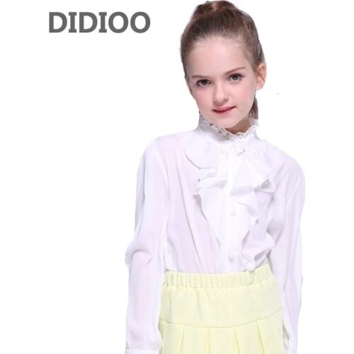 Girls School Uniforms Chiffon White Blouses For Girls Toddlers Clothing Lace Collar Ruffle Shirts Plus Size Teenage Tops 18M-14Y