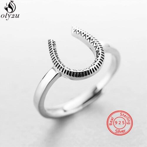 Vintage 925 Sterling Silver Horseshoe U Shape Adjustable Rings for Women Men Jewelry Lucky Horse Animal Ring Anillos Mujer
