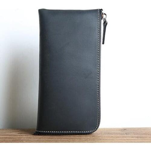 100% Genuine Crazy Horse Leather Vintage Mens Wallets Zipper Long Clutch Bag Cowhide Leather Purse Coin Bag ID Card Case For Men