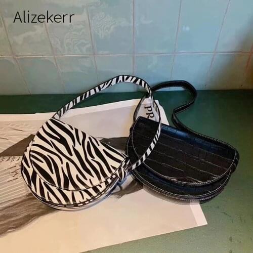 Zebra Pattern Half Moon Shoulder Bag Women 2020 New Elegant Crocodile Pattern Saddle Handbag Female Fashion Purse High Quality