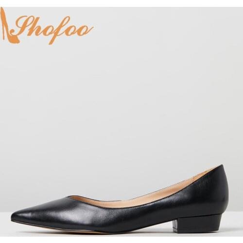 Shofoo Women Ballet Shoes Solid Black Pumps Ladies Adult Slip-on Pointed Toe Low Square Heels Casual Mature Spring/Autumn 2021
