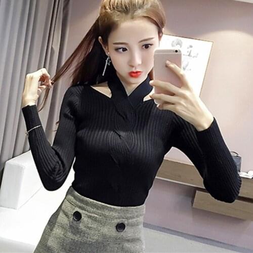 Hedging Sweater Female 2020 New Autumn Winter Korean Fashion V-Neck All-Match Long Sleeve Strapless Solid Color Knitting Sweater