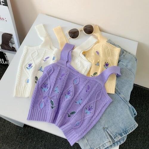Harteen Tops For Women Summer Flower Embroidery Knitted Crop Tops Woman Streetwear Camis Tube Tops Strappy Tanks Cute Clothes