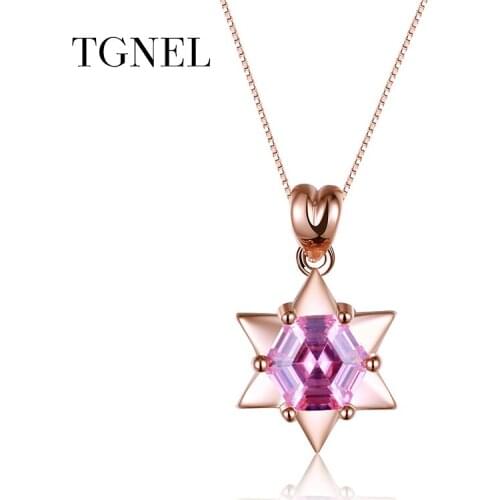 TGNEL S925 Sterling Silver Necklace Pendants Rose Gold Color Fine Jewelry Hexagon CZ Stone for Women 925 Silver Gift Engagement
