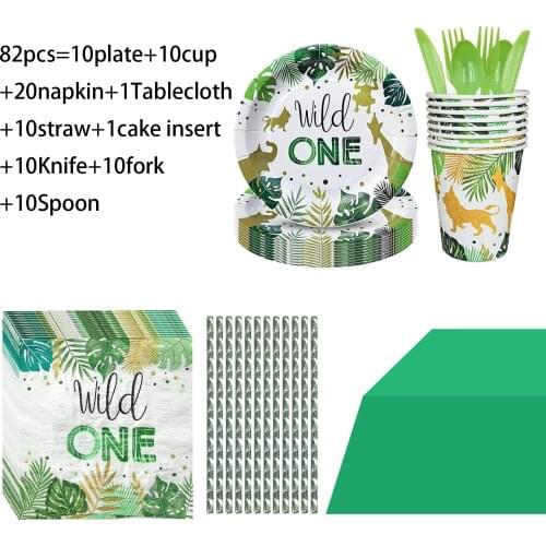 82pcs Wild One Birthday Party Jungle Safari Party Forest Decoration Kids First 1st Birthday Safari Jungle Party Supplies