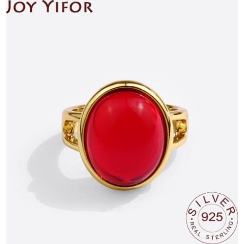 925 Sterling Silver New Simple Design Red Stone Gold Color Rings Retro Distressed Opening Handmade Ring Fashion Fine Jewelry