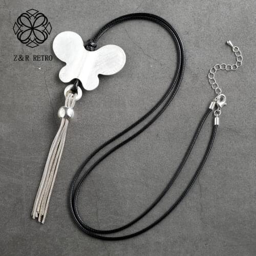 Silver Color Long Necklace for Women Butterfly Tassel Necklaces & Pendants Handmade Sweater Chain Accessories Wholesale Pendant