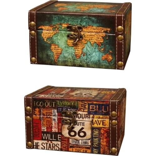 European Vintage Jewelry Storage Box Multipurpose Antique Wooden Pirate Treasure Chest World Map Letters Keepsake Case