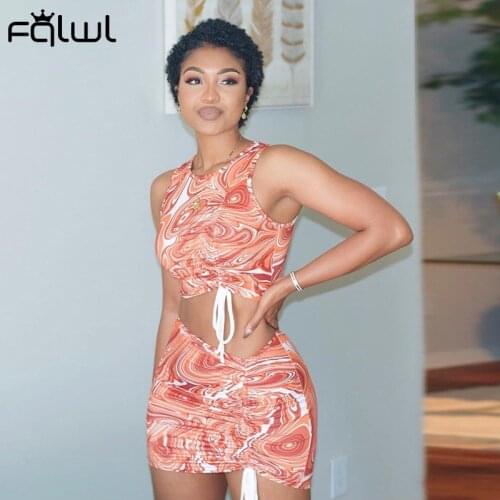 FQLWL Floral Print Summer Sexy 2 Two Piece Sets Women Rave Outfis Crop Tops Skirts Womens 2021 Ruched Bodycon Dress Sets Female