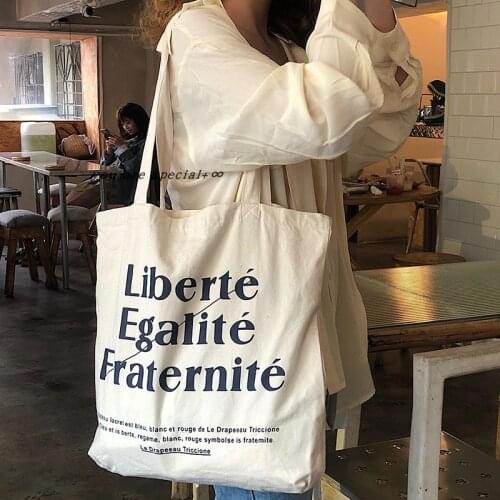 Beige Shopper Shoulder Bag Blue Letters Liberte Canvas Bag For Women Ladies Tote Handbag Reuseable Large Shopping Bag Books Bag