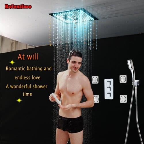 Crystal Quartz LED Ceiling Rainfall Shower Set Massage Spray Mist Bathroom 5 Way Concealed Install Thermostatic Shower Faucet