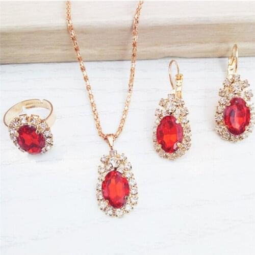 Crystal Stone Necklace Earrings Ring Set Blue Red White Drop Pendant Fashion Wedding Jewelry Sets For Brides Gift