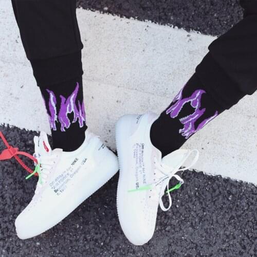 Personality Original Design Harajuku Style Purple&Yellow Unisex Flame Socks Street Shot Hip Hop Punk Men Skateboard Cotton Sock