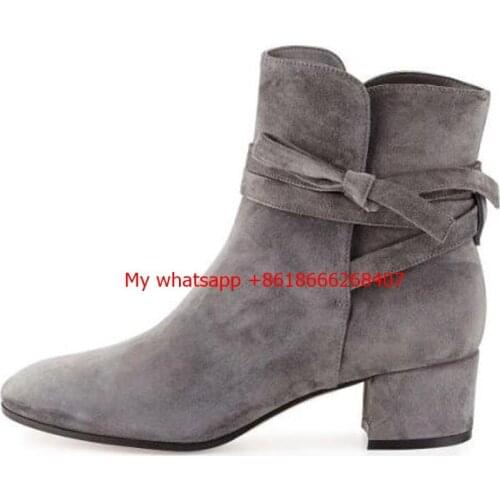 New Low Heeled Suede Leather Black Brown Grey Autumn Winter Ankle Boots shoes Womens short Boots lace up Bowknot Booty